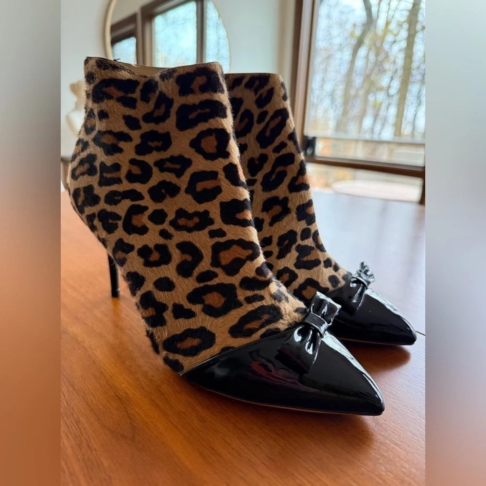 Charlotte Olympia Leopard Print Ankle Boots with Black Patent‎ Bow Toe NWT